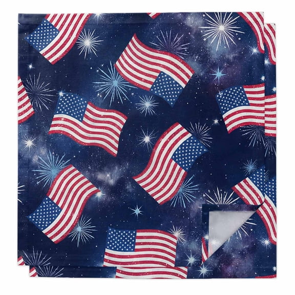 American Flag Cloth Napkins, Red Striped Blue Star Fireworks USA Flag Washable and Reusable Dinner Napkins Set of 2, Table Napkin for Kitchen Party Birthday Wedding Hotel Housewarming 20"x20"