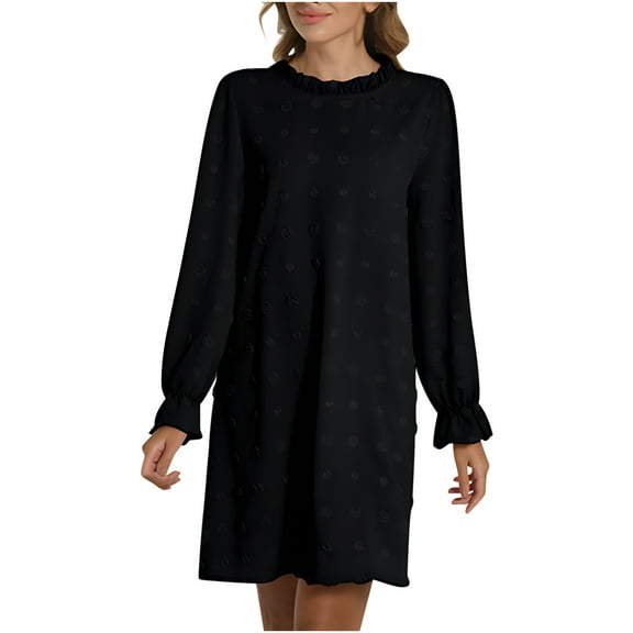 BangWanChi Black Dresses for Women Women Casual Fashion Solid Bubble Embroidered Furball Loose Long Sleeve Round Neck Dress