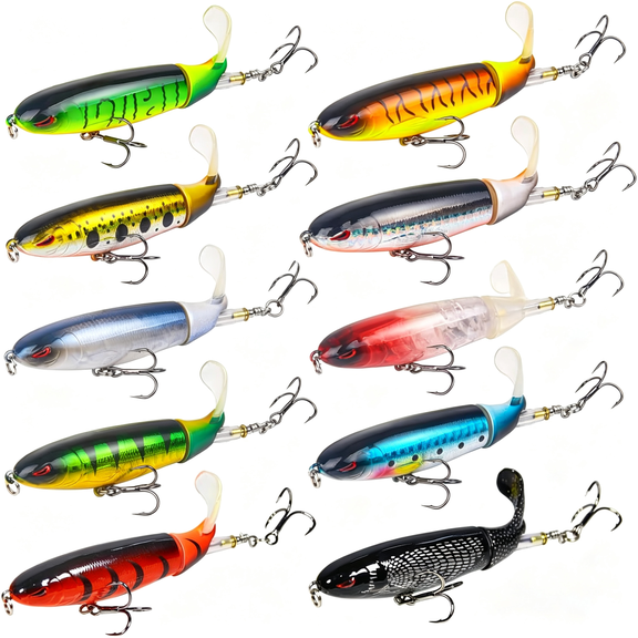 BESTSKY 10Pcs Fishing Lure for Bass Popper Top Water Fishing Lures with Floating Rotating Tail Barb Treble Hooks in Saltwater Freshwater Plopping Lures Kit