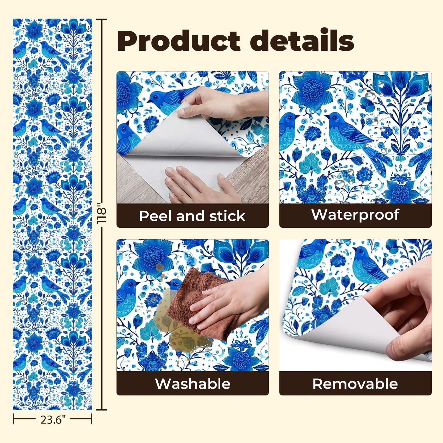 Farmhouse Peel and Stick Wallpaper 23.6in x 9.8ft Blue Birds Floral Folk Art Style Contact Paper Vinyl Self-Adhesive Removable Wall Paper for Bedroom Kitchen Cabinet Renter Friendly