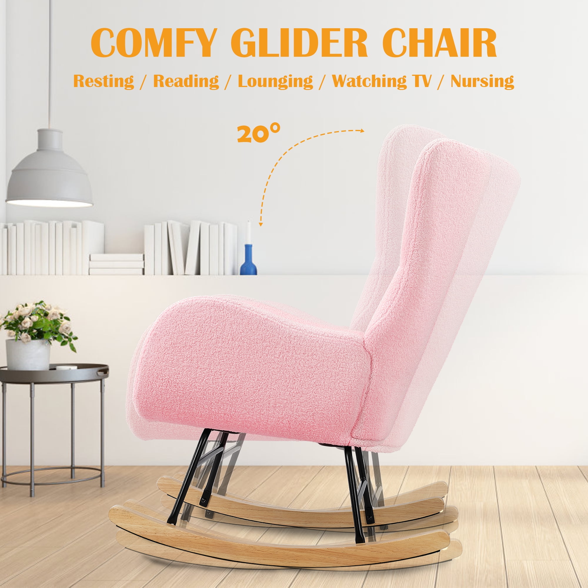 Prilinex Rocking Chair, Nursery Rocking Chair with Upholstered for Living Room Reading Room, Teddy Fabric, Pink