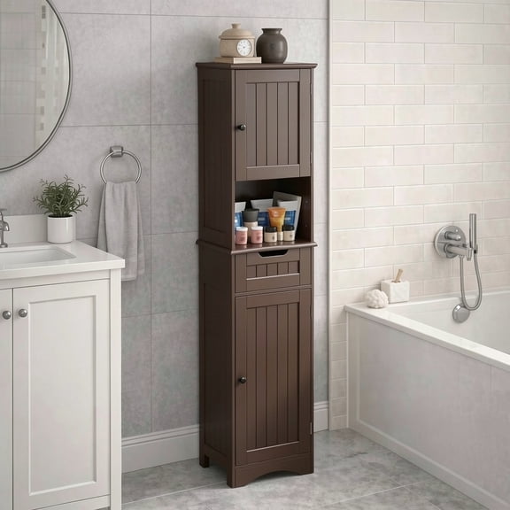 Aiho Bathroom Storage Cabinet, White Linen Cabinet, Narrow Tall Cabinet Storage Tower with Door ,Drawer and Open Storag - Dark Brown