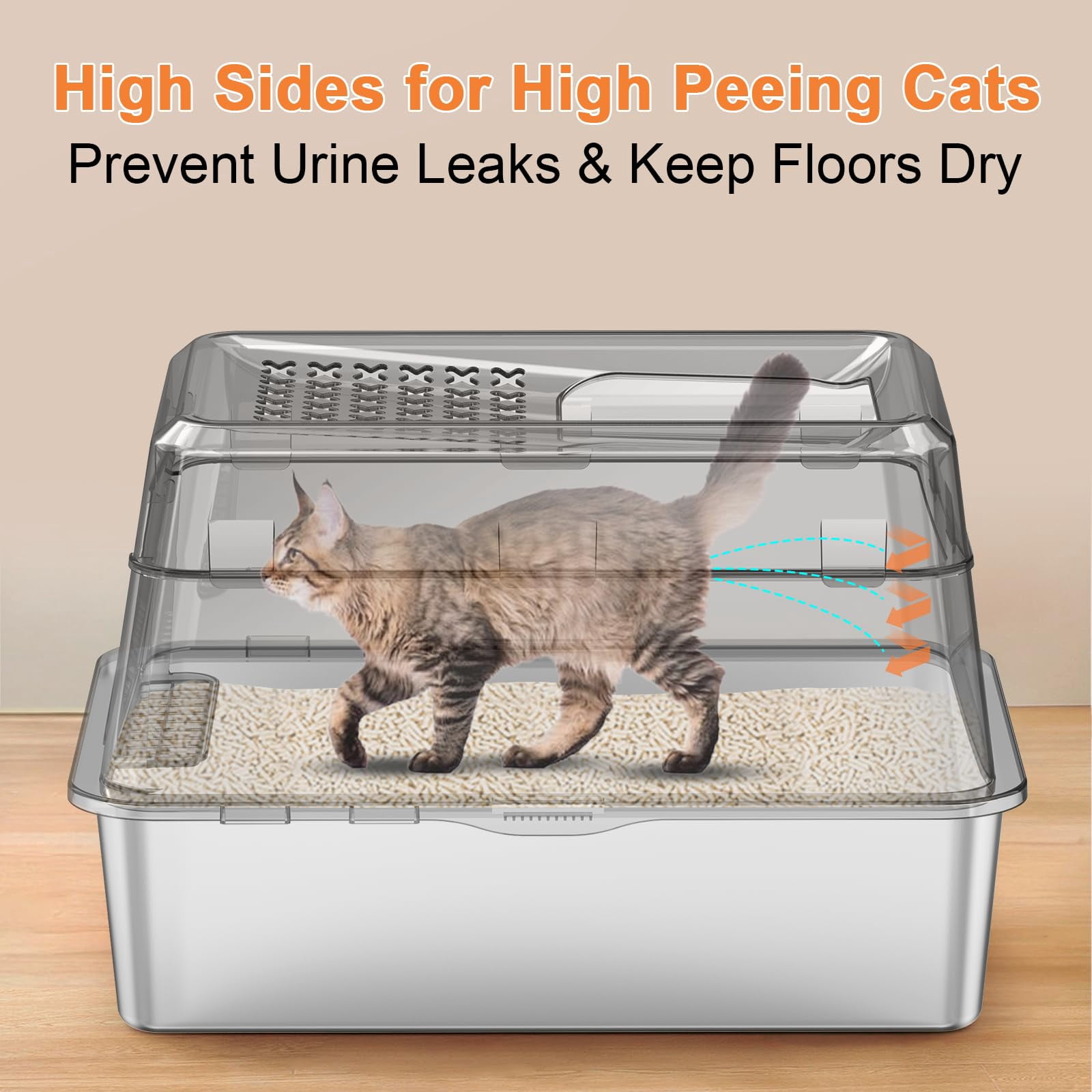Stainless Steel Cat Litter Box With Lid Extra Large Enclosed Non-sticky Metal Pan High Sided & Scoop  Odor Free Front Top Entry Anti-leakage Easy Cleaning