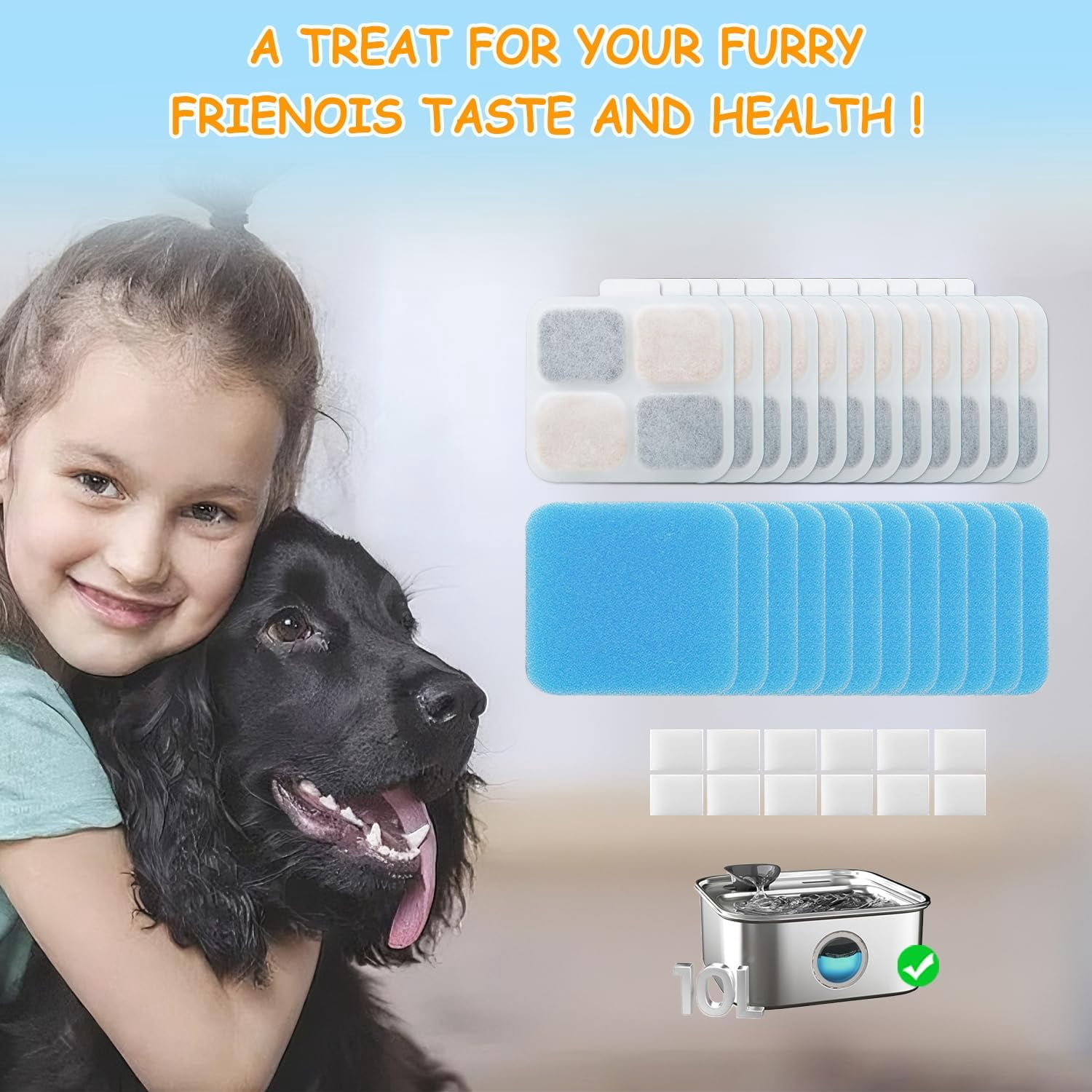 ABCISI 12+12 Pack Replacement Filters for Oneisall PW07SAU 10L/2.64Gal Stainless Steel Dog Water Fountain, Includes 12 Filters&12 Sponges, Improves Water Taste, Promote Pet Health&Encourage Drinking