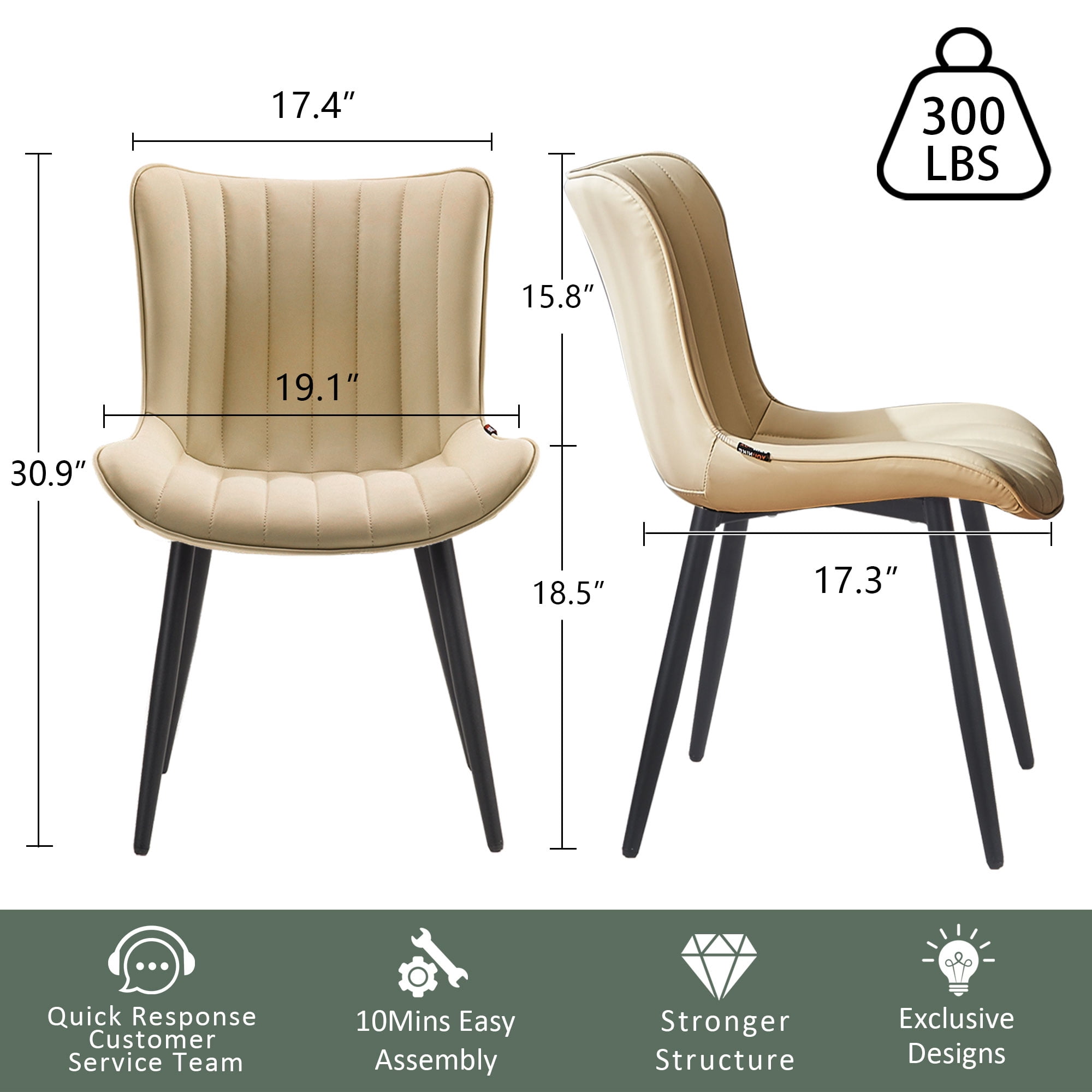 YOUNIKE Soft Dining Chair Set of 2 Faux Leather Upholstered Wide Back Kitchen Chair, Beige