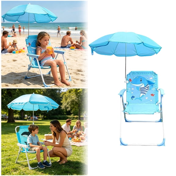 Cartoon Beach Chair with Sunshade Umbrella, Portable Folding Camping Seat,Lightweight Outdoor Lounge Chair with Cute Patterns for Garden and Travel, 28" x 20"(Shark)