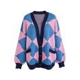 thumbnail image 3 of Women Y2k Cardigan Sweaters Argyle Long Sleeve Open Front Knitted Sweaters (Purple XL), 3 of 5