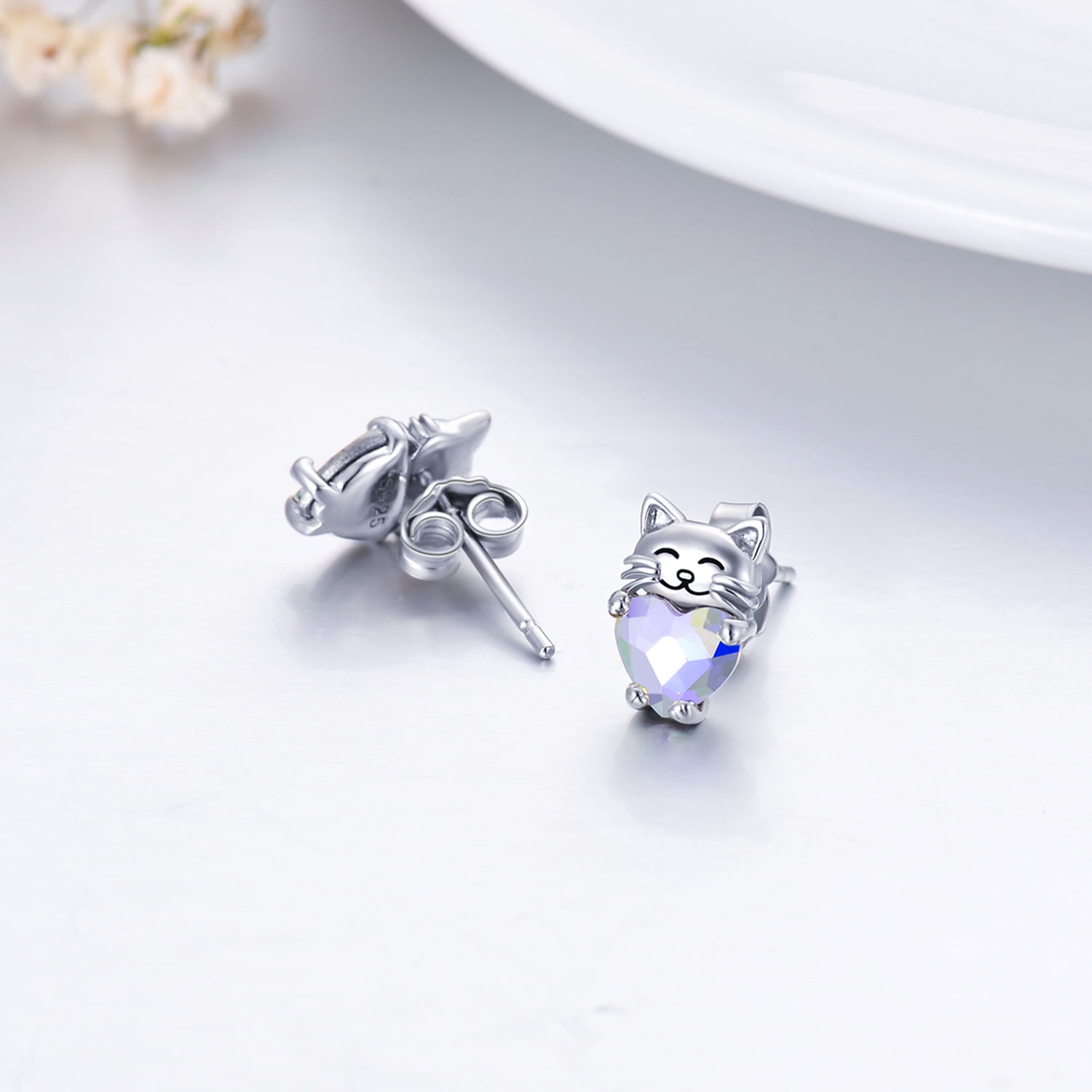 Coachuhhar Cat Earrings for 925 Sterling Silver Cat Stud Earrings Crystal Earrings Cute Animal Earrings Hypoallergenic Kitten Stud Earrings Cat Jewelry Gifts for Women