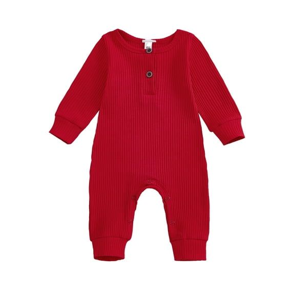 Michellecmm Baby Girl Boy Fall Romper Solid Color Ribbed Button Long Sleeve Crew Neck Full Length Jumpsuit