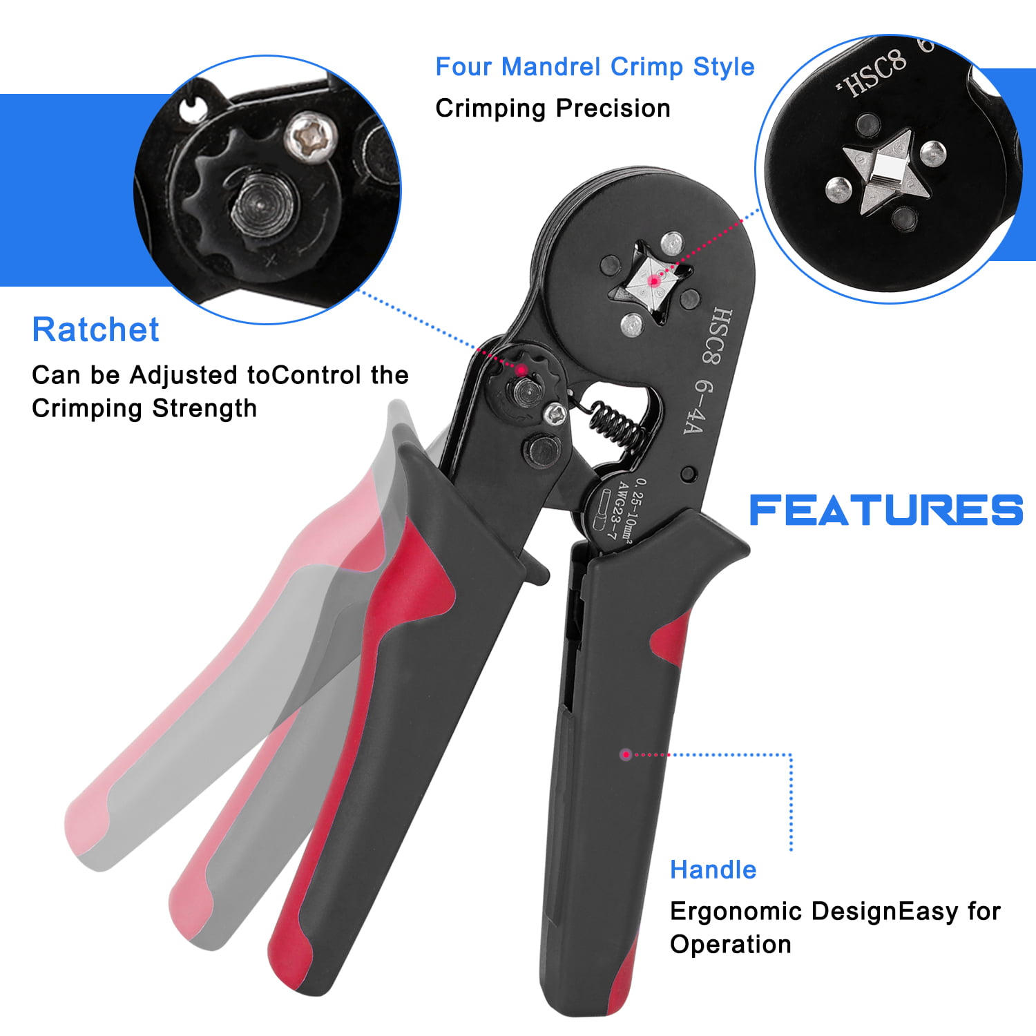 Ratcheting Ferrule Crimper Plier HSC8 6-4A 0.25-10mm² AWG23-7 Wire Tool A2TF 
