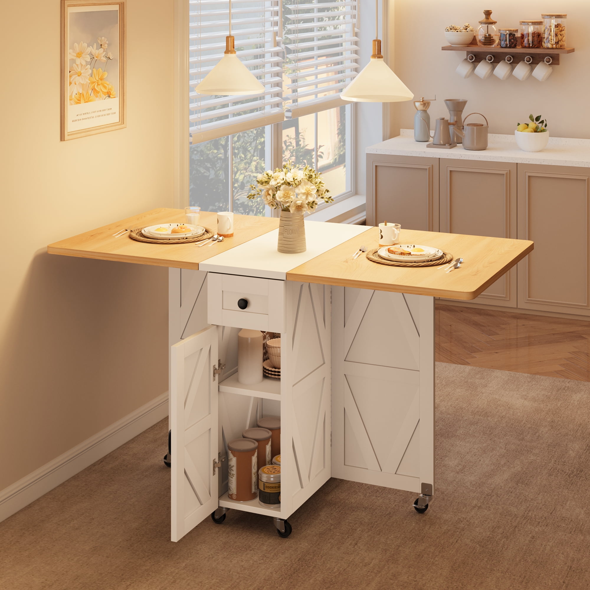 Cocosity Space Saving Versatile Folding Kitchen Dining Table with Wheels & Storage Shelf for Small Apartment