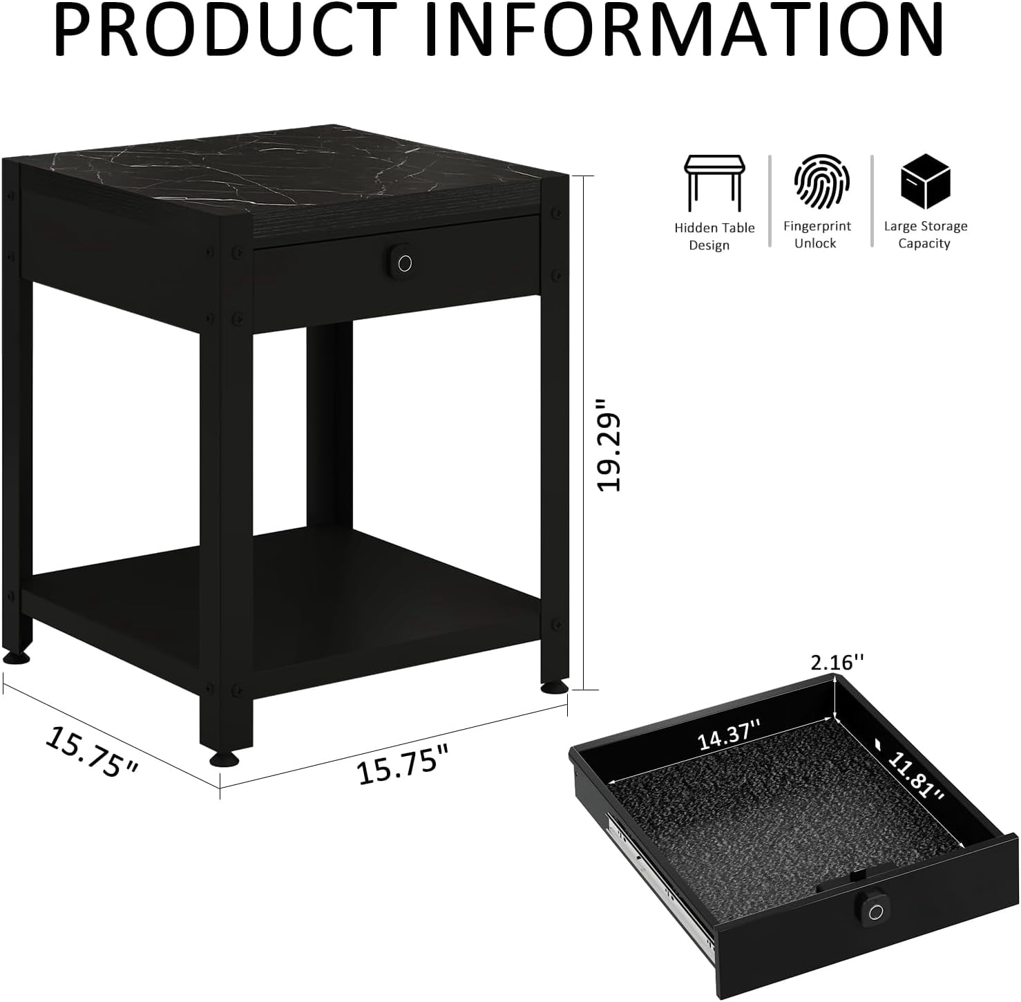 Nightstand Gun Table with Hidden Locking Compartment, Smart Fingerprint Gun End Table, Secure Storage Cabinet for Handguns and Valuables, Quick Access Small storage coffee table for Bedroom or Office