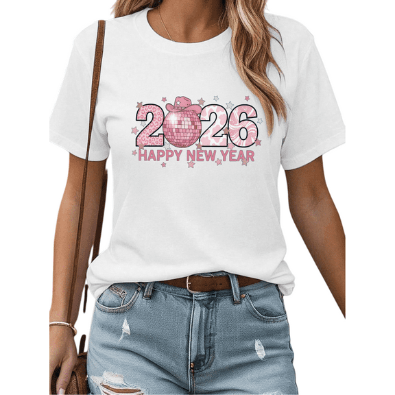 Women's 2026 Pink Disco New Year Printed Washed Cotton Crew Neck T Shirt White S-5XL