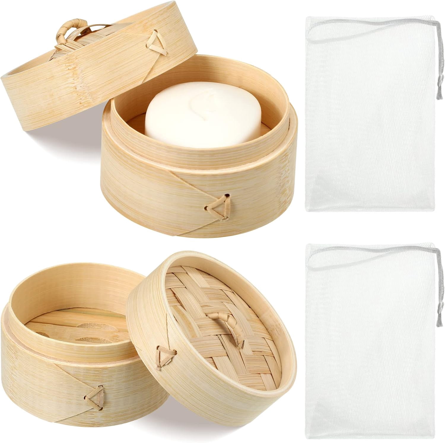 Gshe Iit Natural Bamboo Soap Bar Holder with Lid Soap Dish Drain Foaming Net Shampoo Container Soaps Bar Box Wood Soap Tray Soap Saver Handmade Case for Bathroom Shower Kitchen (4 Pieces,3.9 Inch)