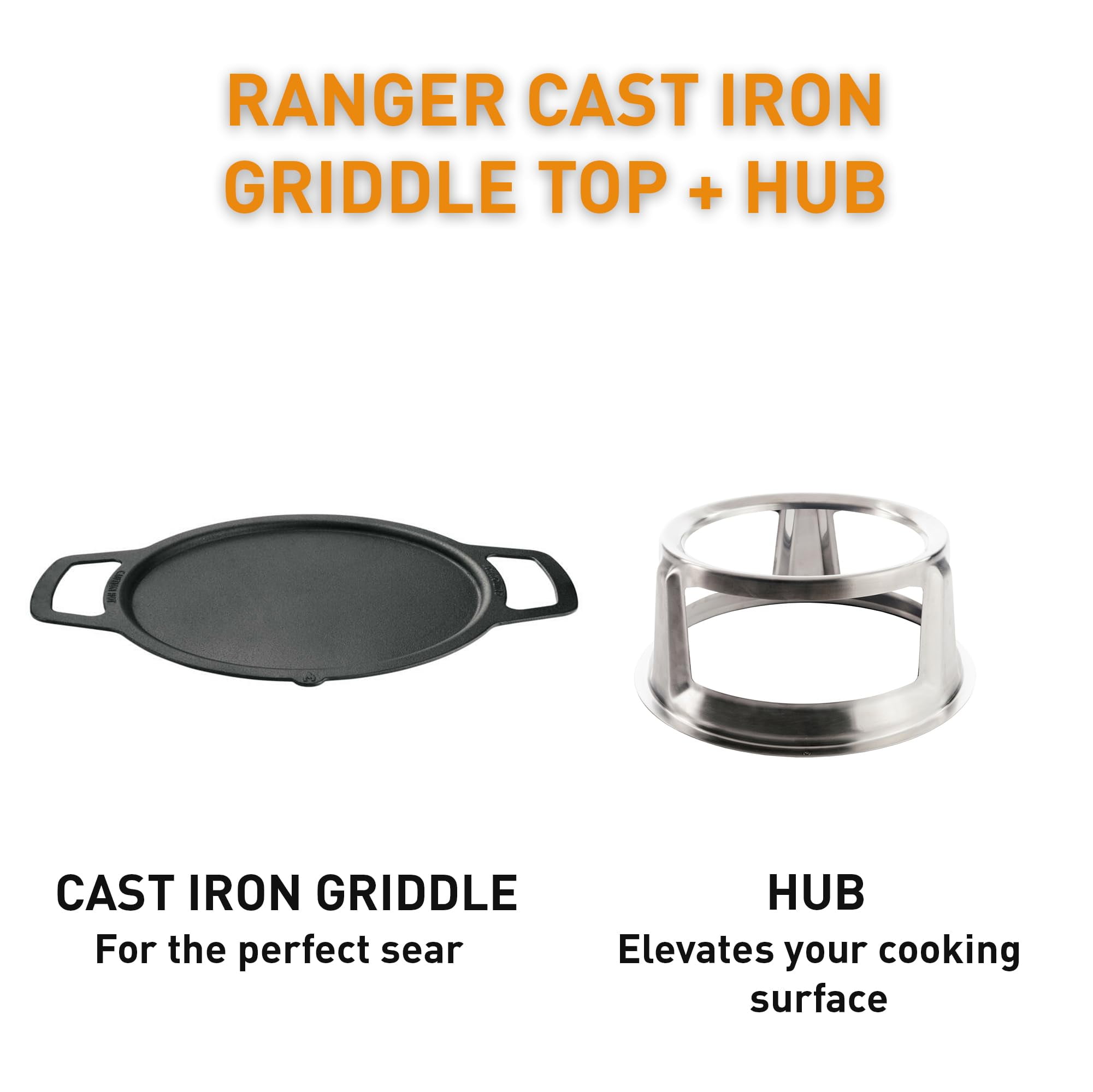 Solo Stove Ranger Griddle + Hub, Cast Iron Cookware with Stainless steel Hub for 6.5” Elevation, Addition to Ranger fire pit, Weight: 14.5lbs , Cooking surface diameter 14.25"