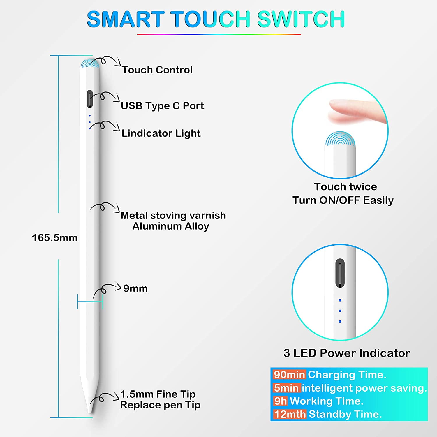 Stylus Pen for iPad, Apple Pencil for iPad 9th Gen, iPad Mini 6th Gen, Apple Pen for iPad 2018-2022, iPad Pro 11'' and iPad Pro 12'' 3/4/5 Gen, iPad Air 3/4/5, iPad Mini 5th, iPad 6/7/8th Gen