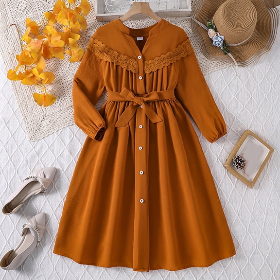 Angala Daily Wear Dress For Girls Long Sleeve V-Neck Solid Color Girls Back To School Dresses