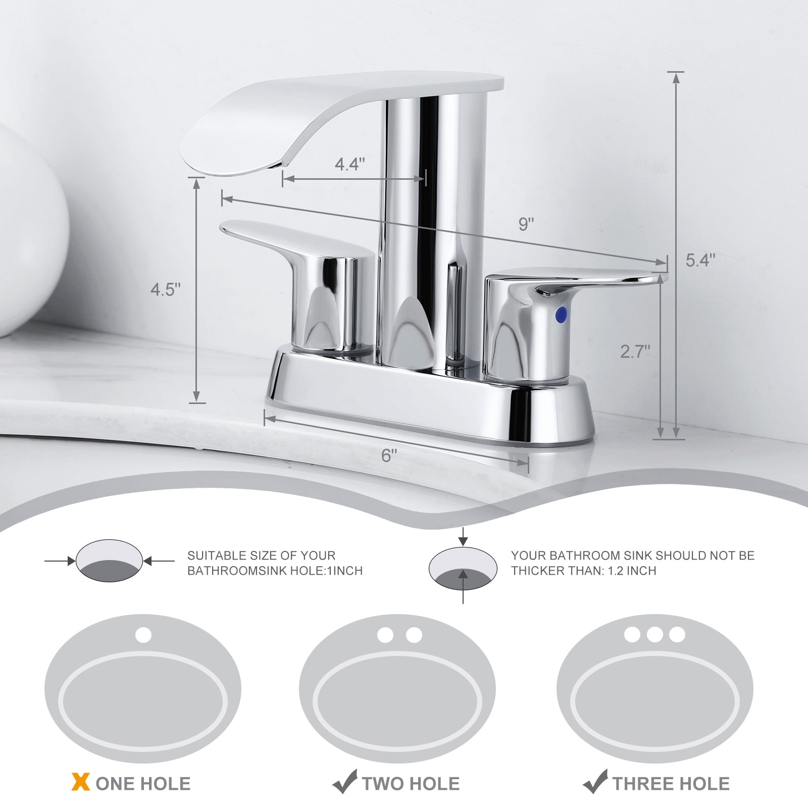 WOWOW Waterfall Bathroom Sink Faucet,Chrome Two Handles Bathroom Faucet with Metal Pop up Sink Drain Stopper, 2 or 3 Holes Bathroom Basin Lavatory Mixer Tap with Deck Mount Plate