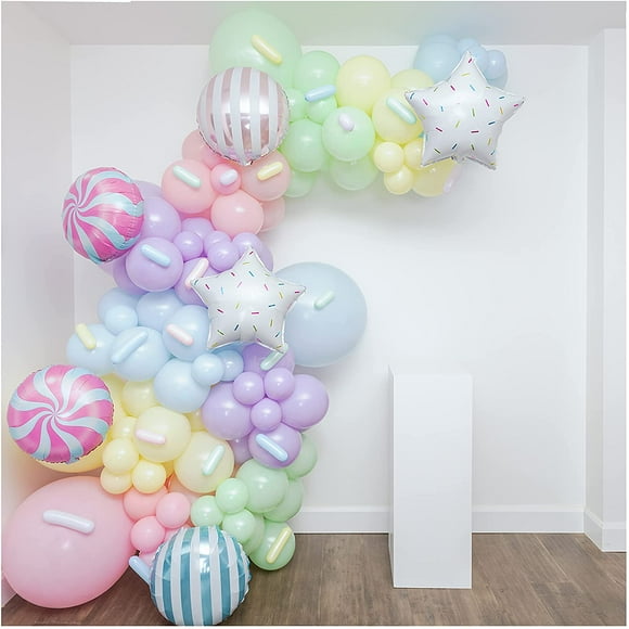 SHIMMER & CONFETTI Ballons Candyland Haut de Gamme de 16 Pieds pour Fête d'Anniversaire - Rose Pastel, Violet, Vert, Jaune, Bleu, Ensemble d'Arche Guirlande de Ballons en Feuille de Bonbon - Macaron, Pâques, Décorations de Fête Candyland
