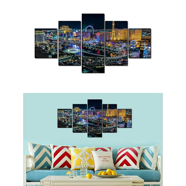5pcs/set Las Vegas Skyline Wall Art for Living Room Cityscape Canvas Modern  Home Decor Panorama Pictures City Building Artwork Night View 