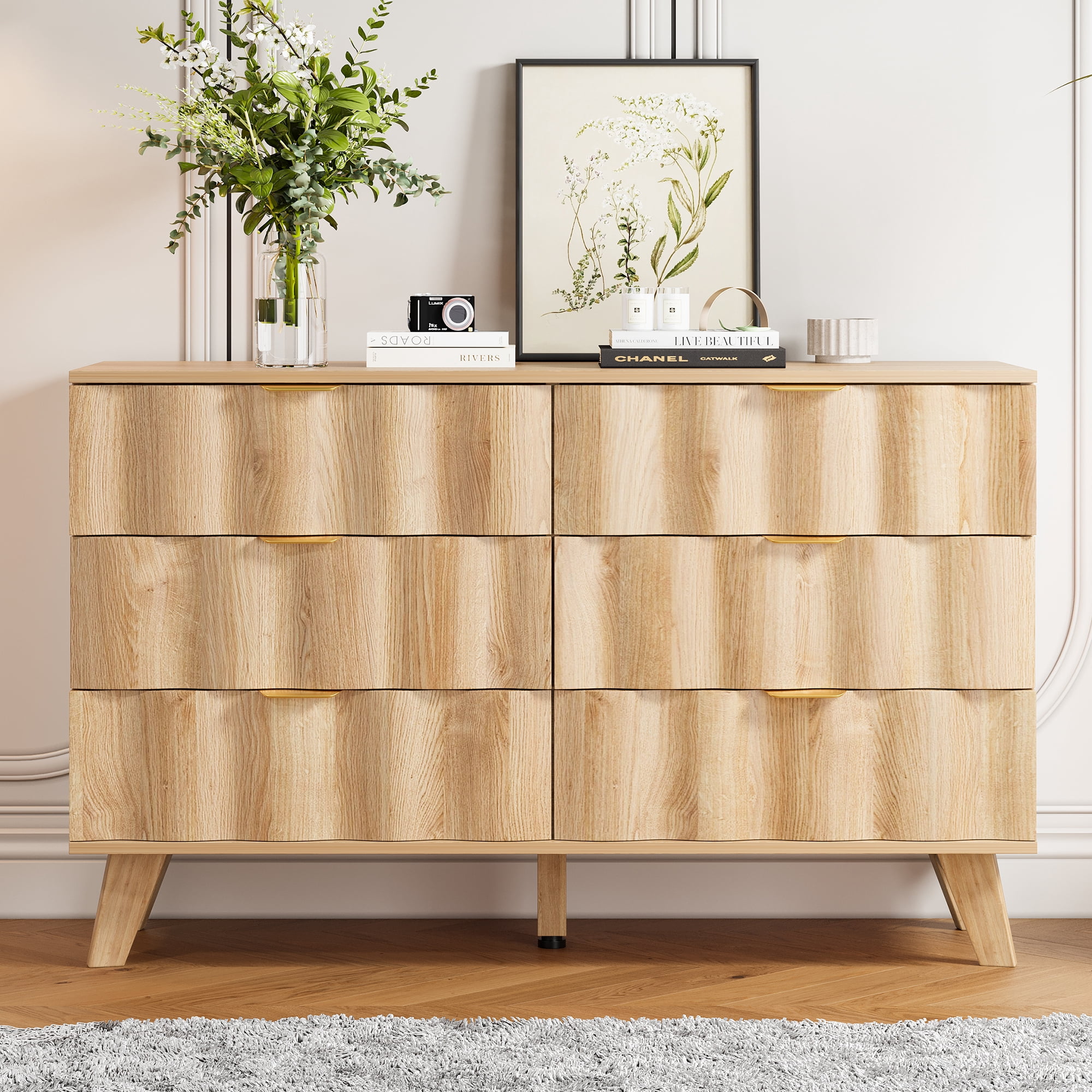 Weselon 6 Drawer Dressers for Bedroom, Modern Closet Chest of Drawers with Waveform Fluted Panel, Large Wood Storage Dresser Organizer for Bedroom Living Room Hallway Closet, Natural