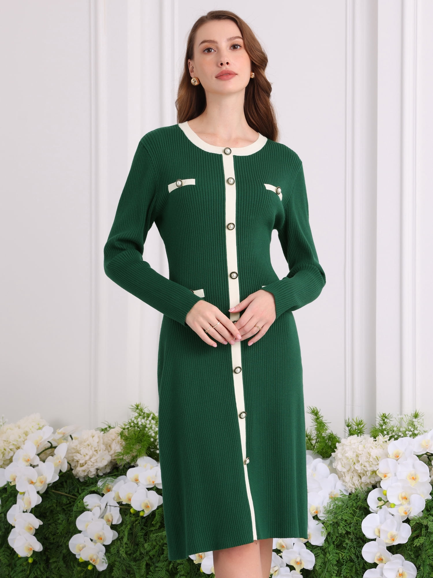 DARING DIVA Stylish Midi Long Sleeves Elegant Sweater Design Dress S Green