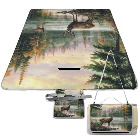 Pingxixi Picnic Blankets Sunset River with Deer Extra Large Beach Blanket Animal Patterns Waterproof Foldable Sandproof Camping Mat Portable with Carry Strap for Outdoor Travel Park 58.3x58.3in