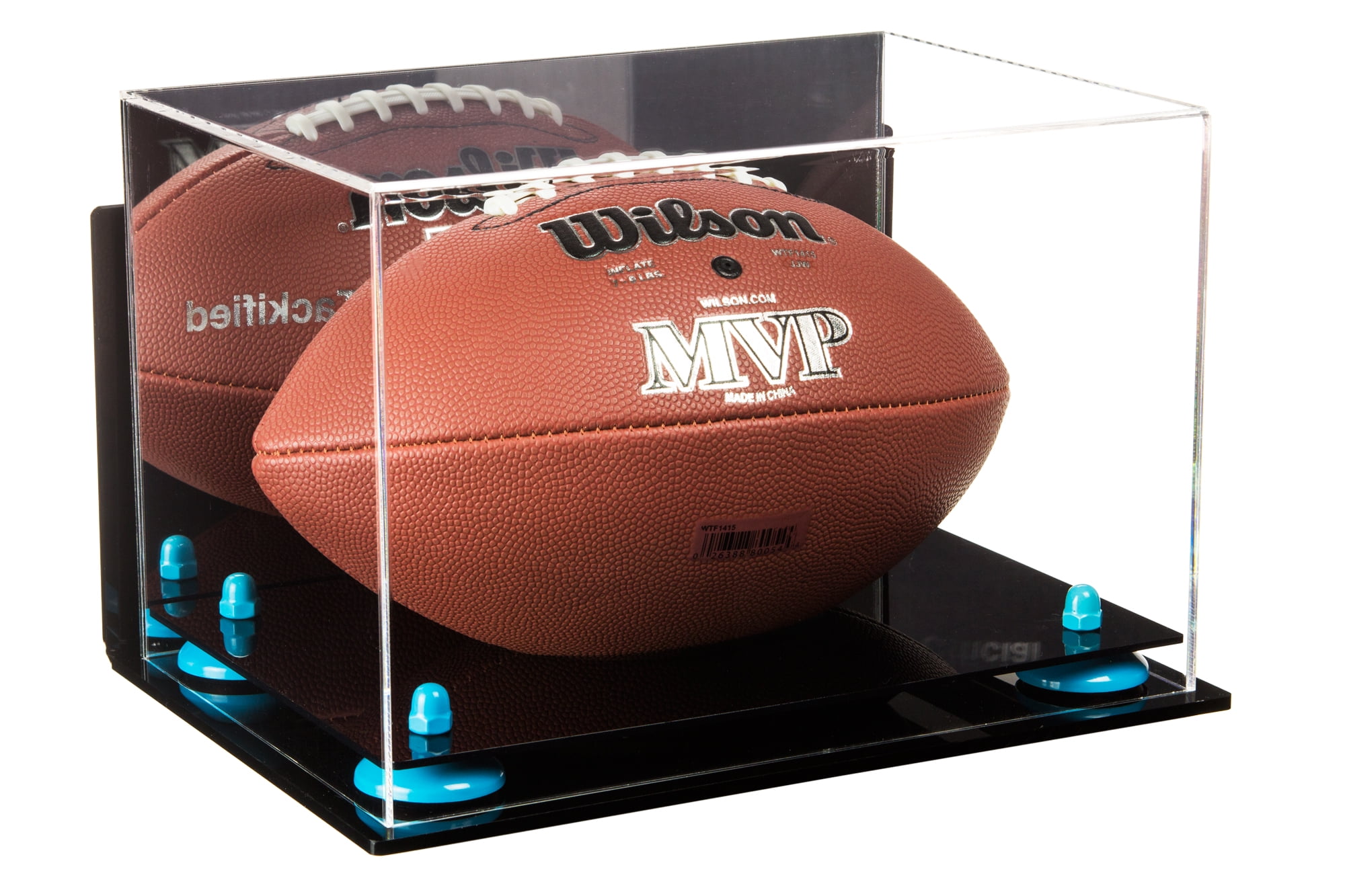 Deluxe Acrylic Football Display Case with Blue Risers, Mirror and Wall