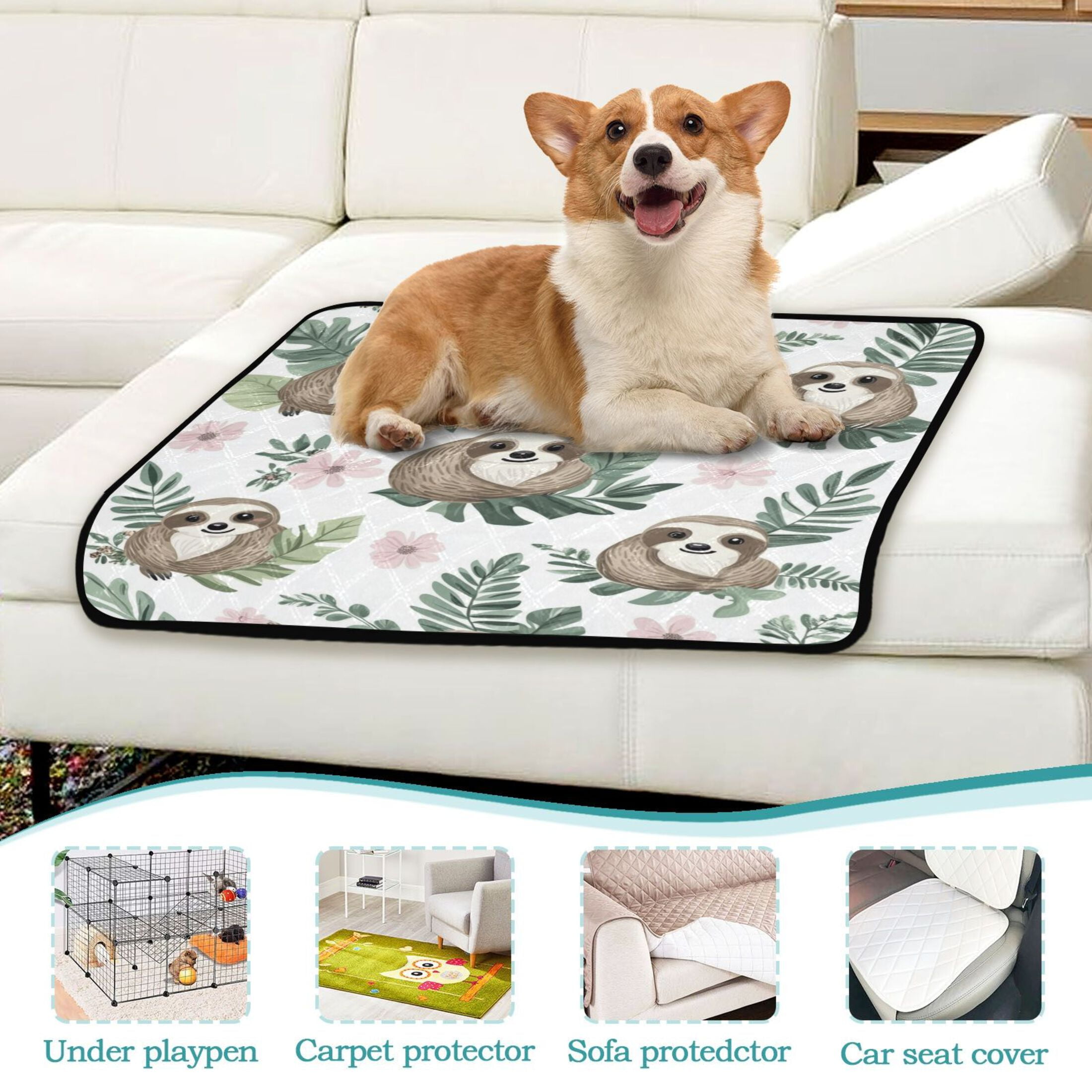 Qxltty Cute Cartoon Sloth Pattern with Tropical Leaves Cat litter Pads Pet Set of 2 Diaper Mats Center Anti-leakage Layer Absorbent Soft and Comfortable