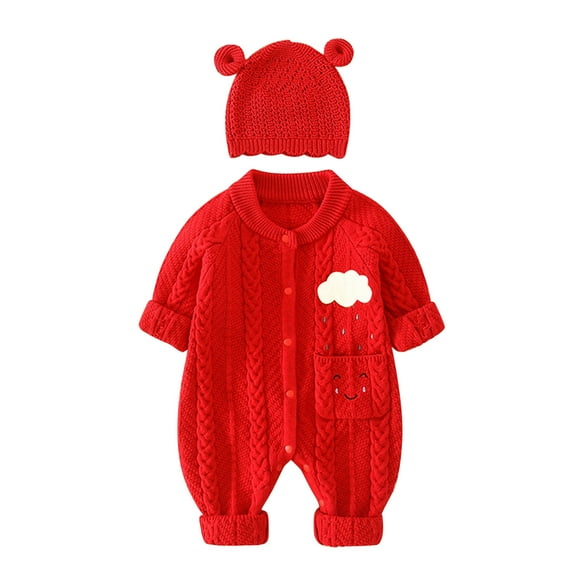 Baby Knitted Romper Long Sleeve Boy Girl Sweater Clothes Baby Jumpsuit Bear Ear Hat Outfits Set Penguin Boys Sweater Toddler for Boy Winter Sweaters Cats And Jacks Clothes Dinosaur Red 3-6 Months