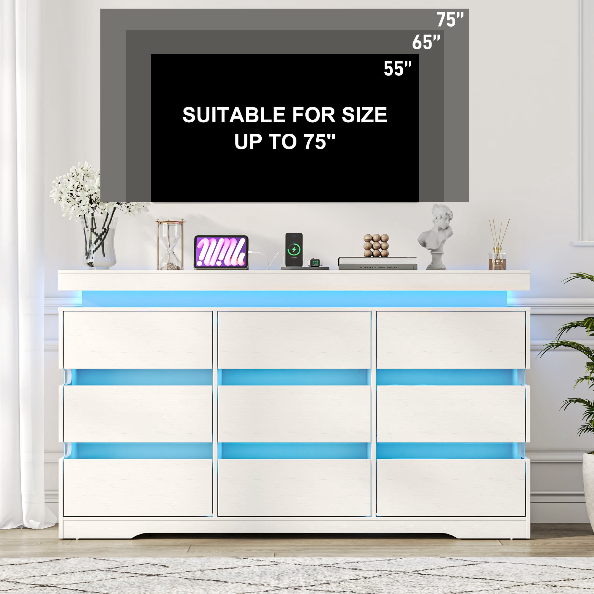 ANPOO 9 Drawer Dresser for Bedroom, 63 Inch Dresser with LED Lights and Charging Station, Wide Chest of Drawers with Large Storage, Bedroom Closet Organizer Cabinet for Living Room Entryway, White