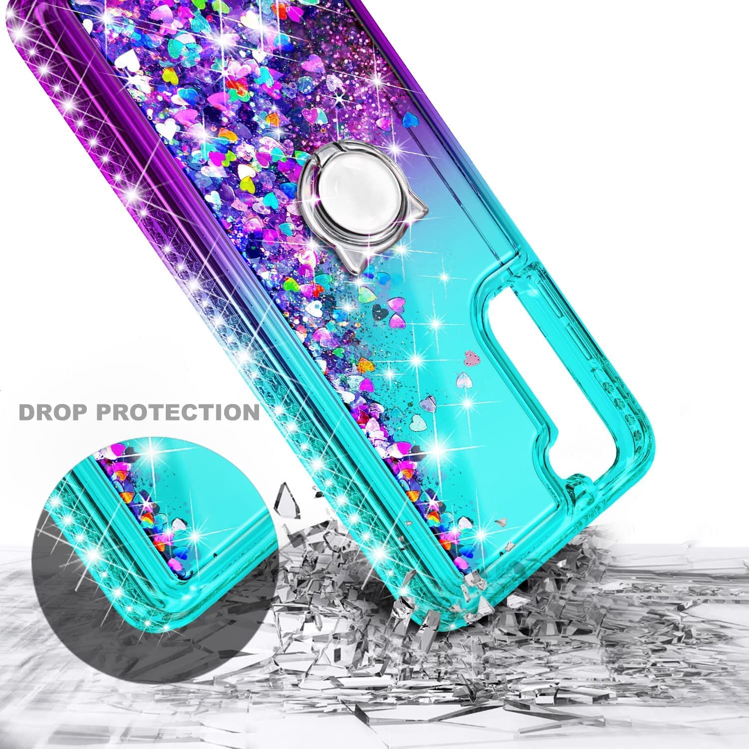 Nagebee Case for Samsung Galaxy S22 5G / S22+ Plus 5G / S22 Ultra 5G with Tempered Glass Screen Protector, Sparkle Glitter Liquid Bling Diamond [Ring Holder & Wrist Strap] Women Girls (Aqua/Purple)