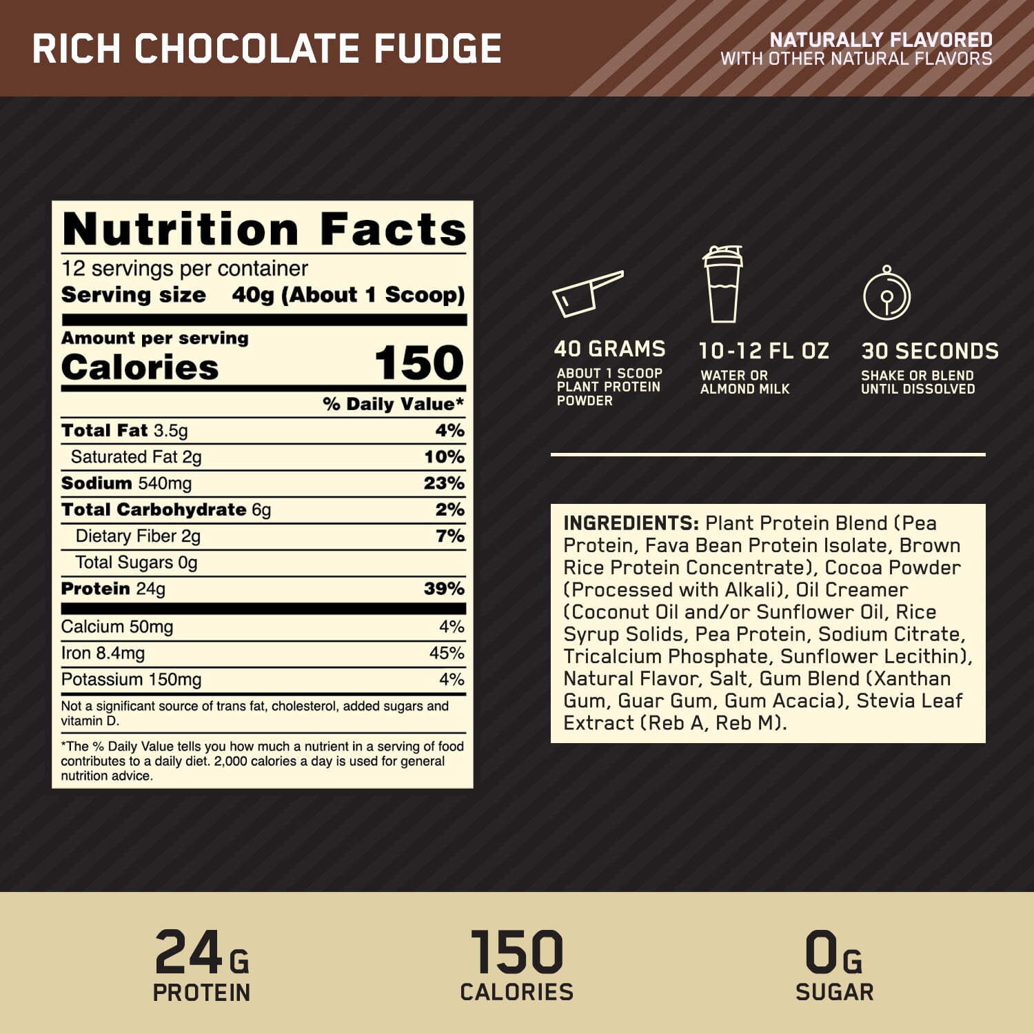 Optimum Nutrition Gold Standard Plant Protein Powder, Chocolate, 12 Servings
