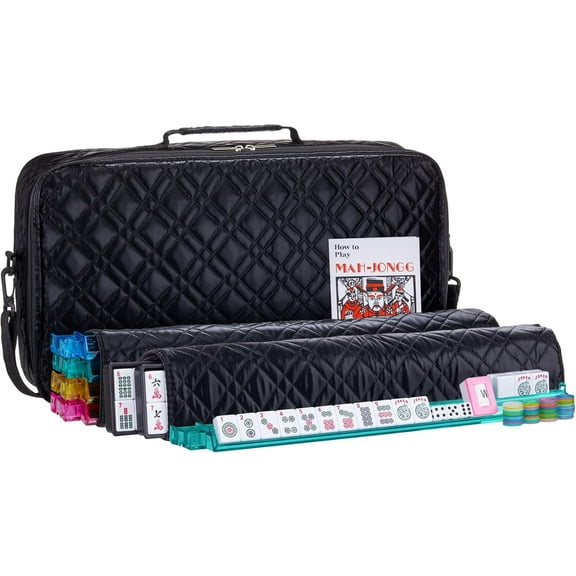 American Mahjong Set “Black - Quilted PU Leather Carrying Bag with Shoulder Strap & Handles, All-in-One Tile Racks with Pushers, 166 Engraved Tiles, Dice, Bettor, Extra Tiles & Instructions
