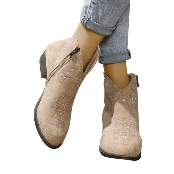 Chenyee Women's Western Cowboy Boots Classic Point Toe Embroidered Block Low Heel Ankle Booties