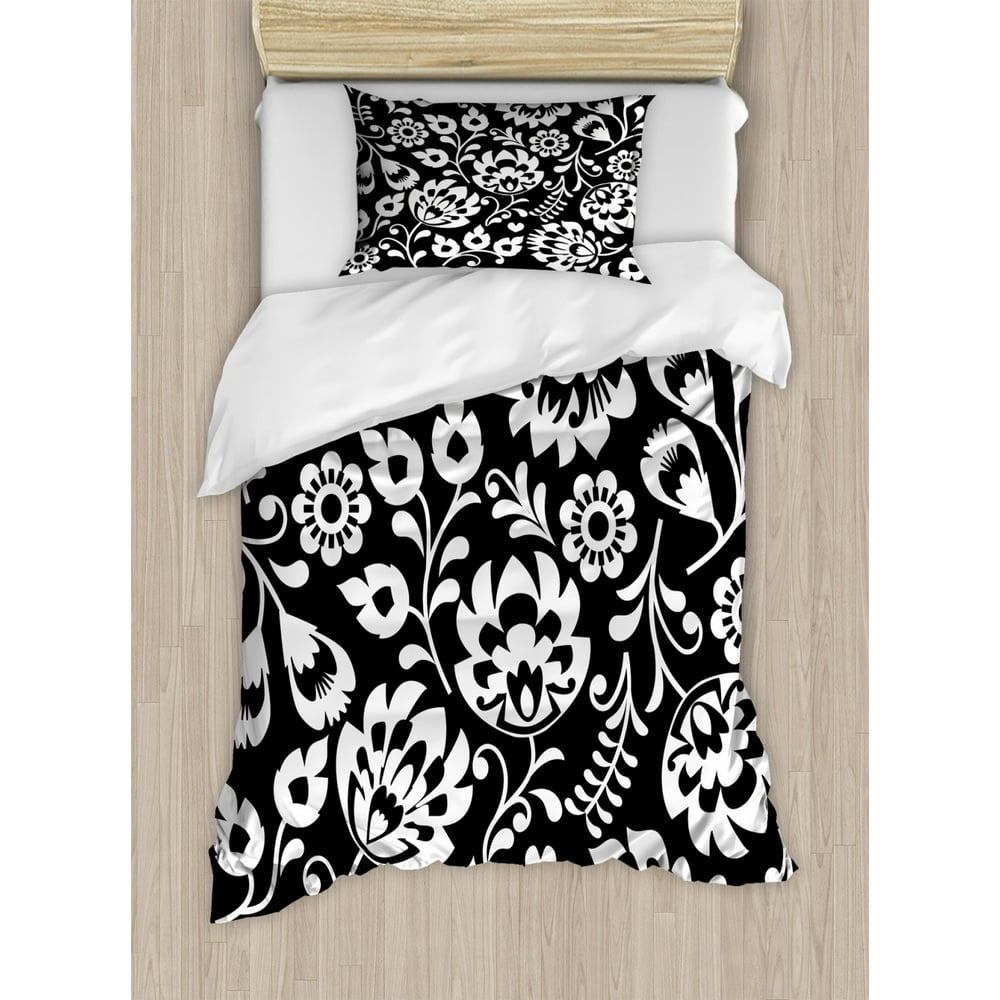 Folk Art Duvet Cover Set Twin Size, Monochromatic Polish Traditional