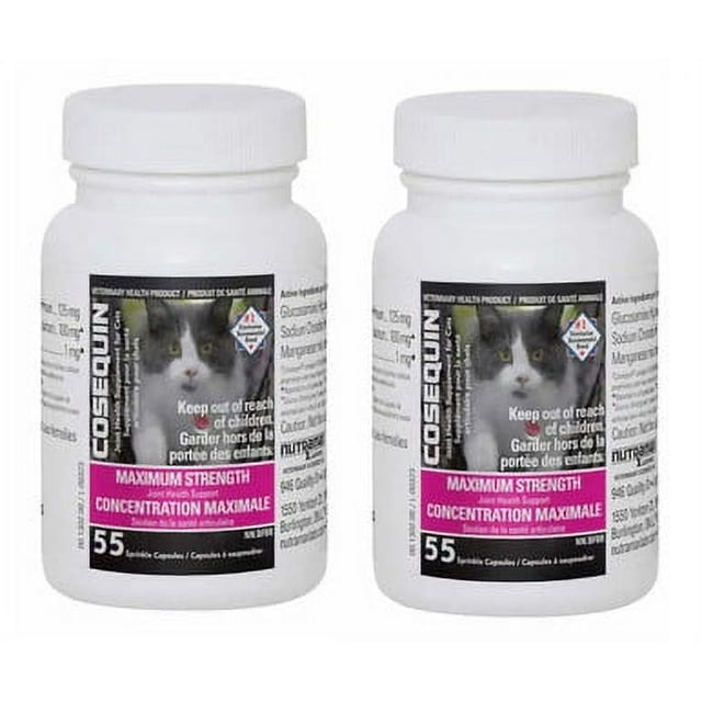 Cosequin Feline Joint Health Supplement for Cats - 2-Pack, featuring two white bottles with pink and black labels. Each bottle contains 55 sprinkle capsules designed to support feline joint health, mobility, and comfort. The label includes a cat image and bilingual text in English and French, emphasizing maximum strength joint care.