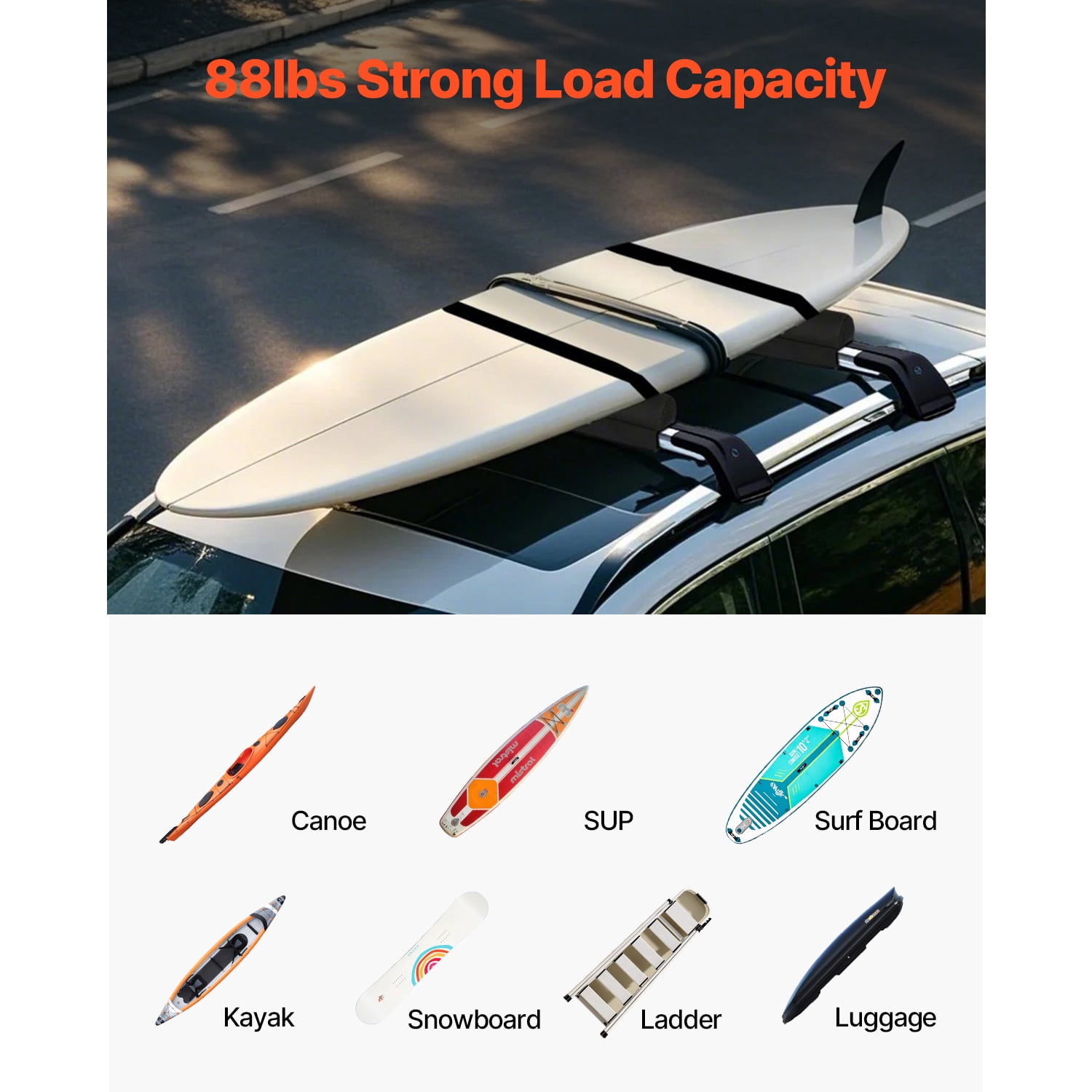 KFFKFF Cushioned Roof Rack Pads, 28" All-Purpose Vehicle Roof Rack Pads for Diverse Crossbars, 88LBS Weight Limit Luggage Kayak Holder with 2 Securing Straps & Velcros