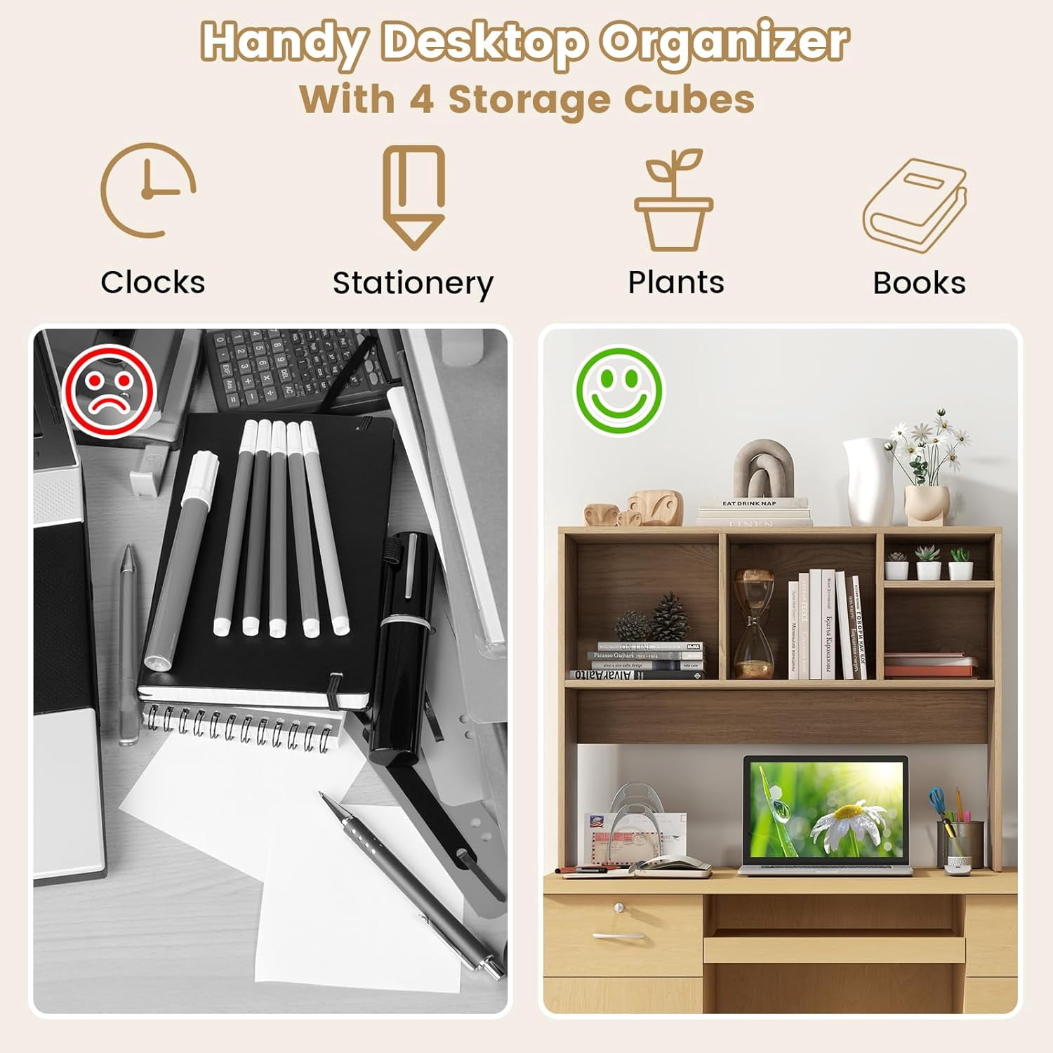 CRXX Desktop Bookshelf, Countertop Storage Hutch with 4 Shelves for Computer Desk, Dressing Tabletop Display Rack, Multipurpose Desk Hutch Storage Organizer for Home Office Dorm, Natural