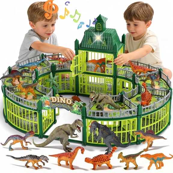 JoyStone 215PCS Dinosaur Figures Playset with Lights & Music, Dinosaur Park Toy Set with Arena, 18 Dinosaurs & Trees, Green