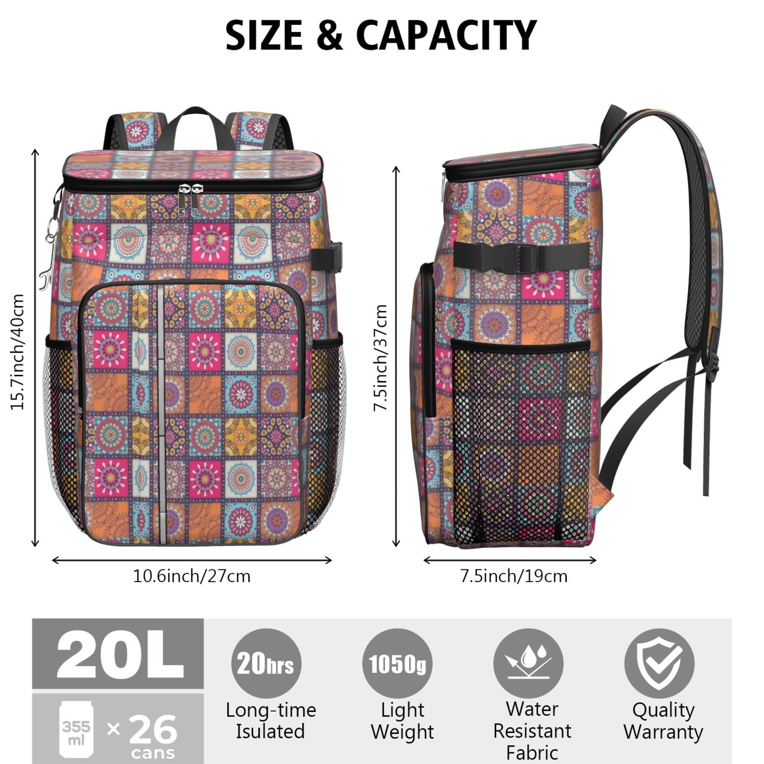 Travel Cooler Bag - Boho Bohemia Flower Camping Beer Cooler Backpack with Bottle Opener- Waterproof Insulated Picnic Backpacks - Cooler Bag for Beach