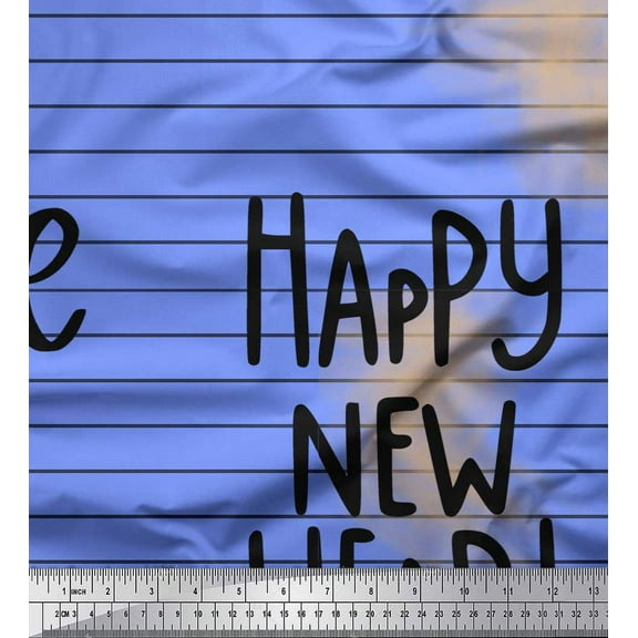 Soimoi Blue Cotton Voile Fabric Stripe & Happy New Year Text Print Fabric by the Yard 42 Inch Wide