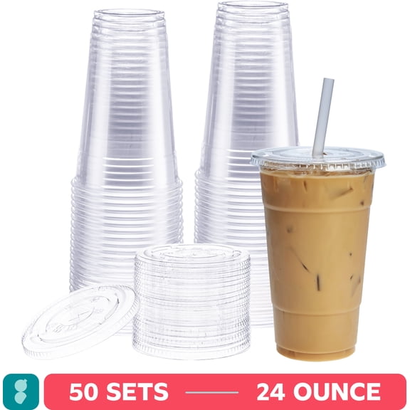 GUSTO Clear Plastic Cups 24 oz Disposable Coffee Cups with Lids, 50-Pack