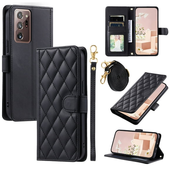 for Samsung Galaxy Note 20 Ultra Wallet Case, Premium PU Leather Magnetic Flip Folio Case with Wrist Strap Credit Card Holder for Women Men Crossbody Strap Case Cover for Galaxy Note 20 Ultra, Black