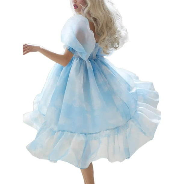 MusuosWomen Cute Puffy Dress Printed Bell Sleeve Square Neck Mesh Ruffle Bubble Dress