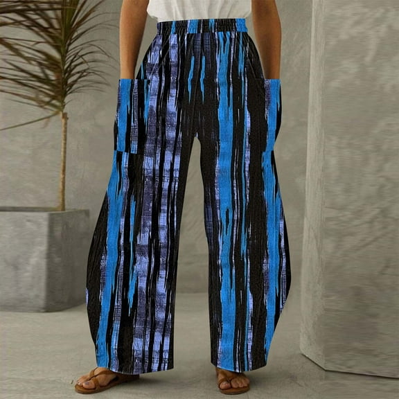 Jjayotai Women's Wide Leg Boho Pants, Smock High Waist Yoga Palazzo Trousers, Summer Beach Pants Blue XL
