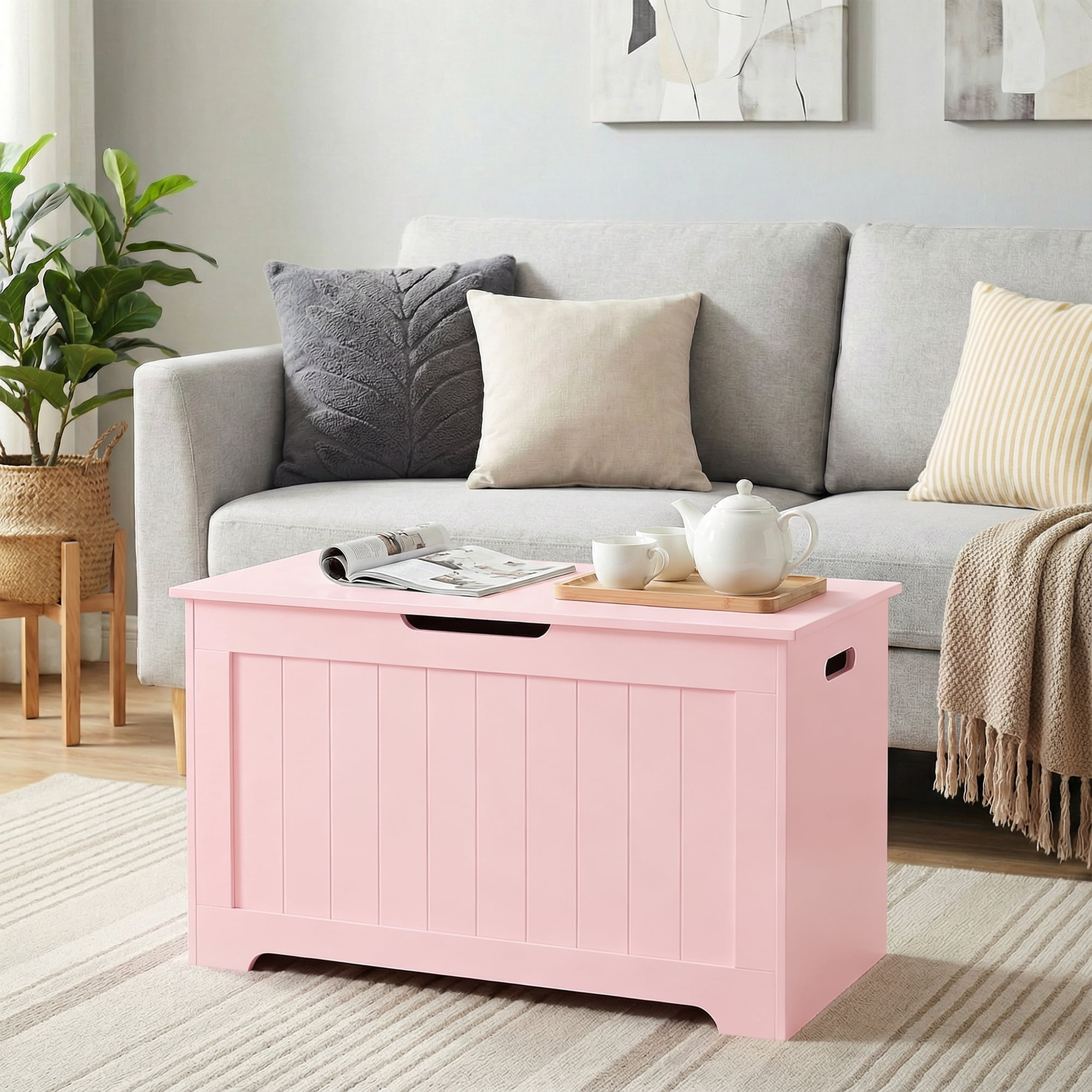 SuperDeal 30-Inch Lift Top Storage Chest Wooden Home Organizer Bench with Safety Hinged Lid Large MDF Toy Box Entryway Bedroom Living Room, Pink
