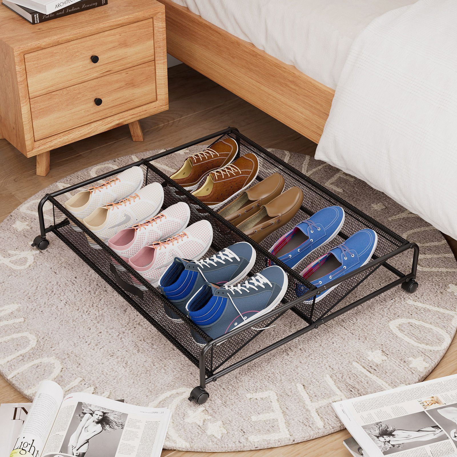 CRXX Under Bed Shoe Storage with Wheels Space Saving Metal Shoe Rack Organizer Slide-1PC