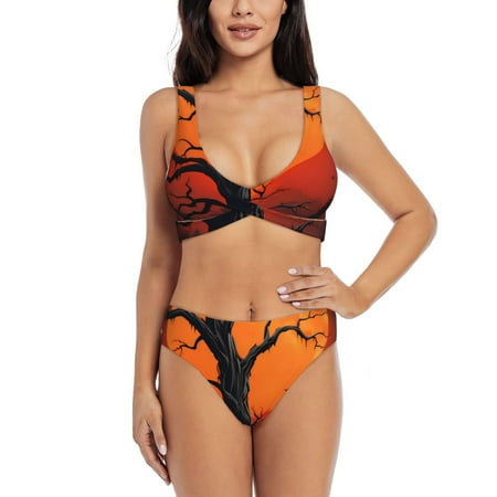 Zeuib Yellow Castle Sunset Tree High Waisted Tummy Control Bikini Set - Knot Front Push Up Top & Cheeky Thong Bottom  Two-Piece Swimsuit for Women-Medium