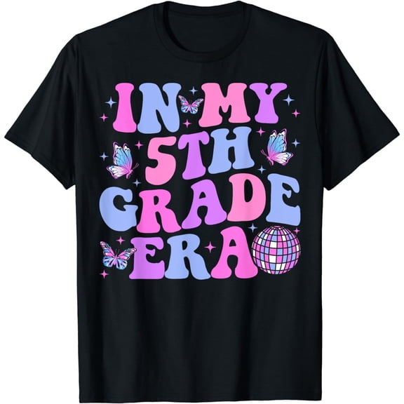 Retro Groovy In My 5th Grade Era T-Shirt Back to School Aesthetic Butterfly Disco Ball Pink Blue Student Teacher Apparel